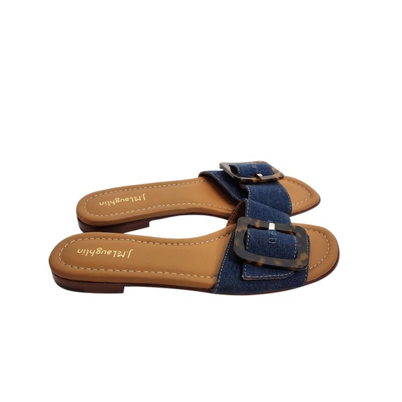 J. McLAUGLIN Shoes Womens 9.5 Blue Denim Bella Slide Sandal Tortoise Buckle Flat - Picture 5 of 9